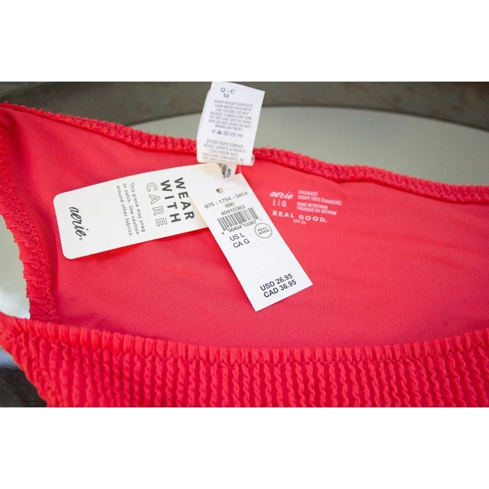 NEW WITH TAGS Aerie Crinkle Cheekiest Tie Bikini Bottom Resort Red Size Large